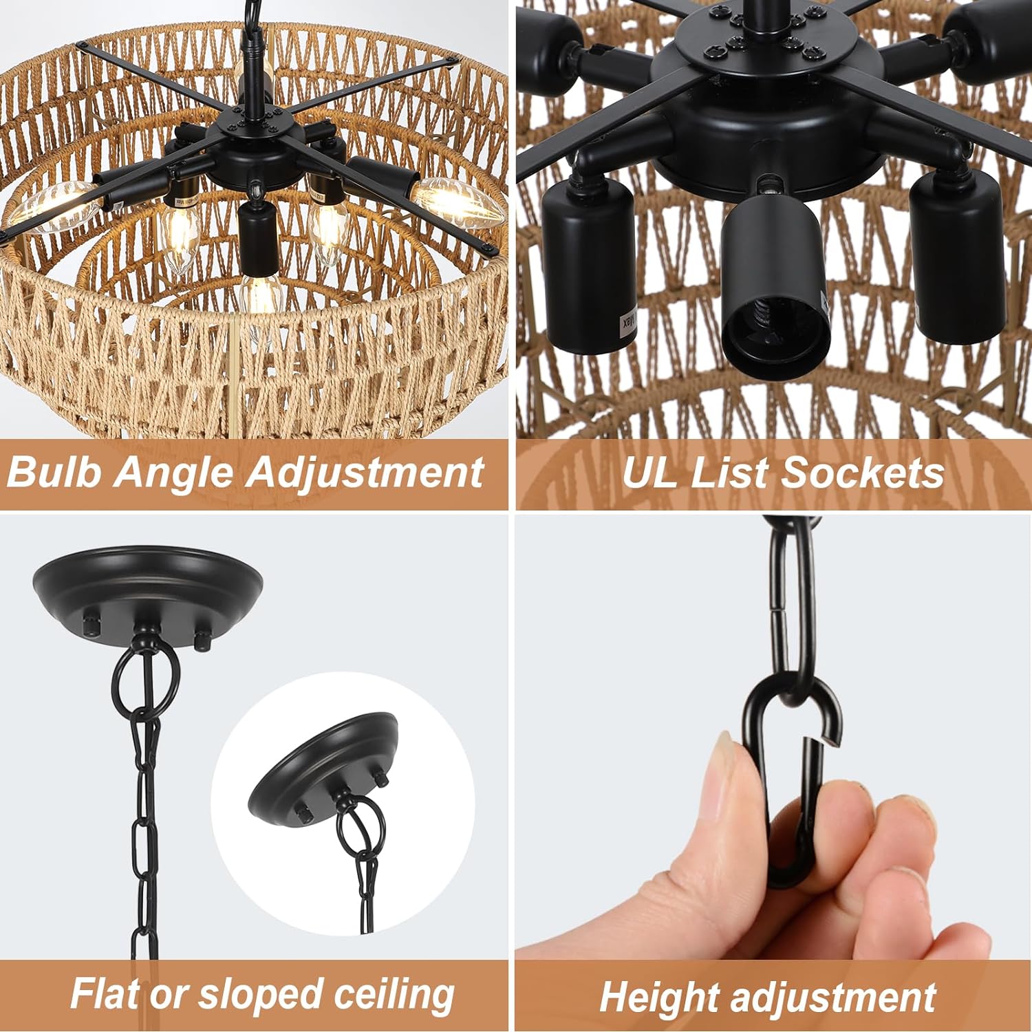 6-Light Dining Room Light Fixture, Wicker Pendant Lighting with 4-Tier Woven Lampshade, Large Farmhouse Chandeliers (20