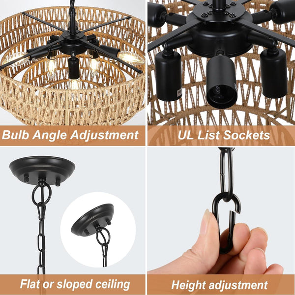 6-Light Dining Room Light Fixture, Wicker Pendant Lighting with 4-Tier Woven Lampshade, Large Farmhouse Chandeliers (20