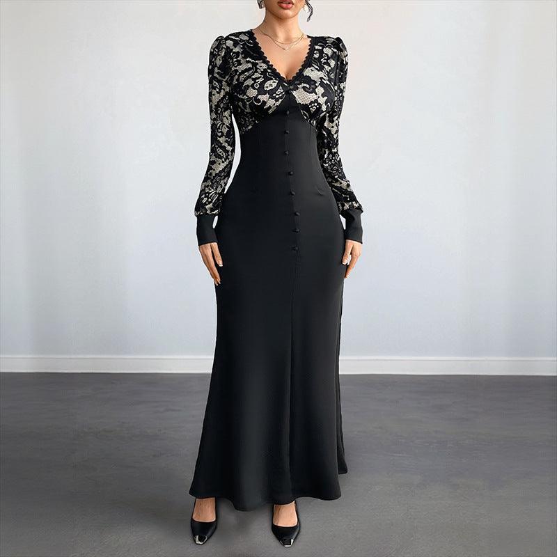 Sexy Retro Lace Splicing Long Sleeve V-neck Dress for Evening and Date