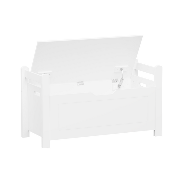 A white rubber wood children's toy box with soft cushioned seats, stools, flip covers, and safety hinges for toy storage