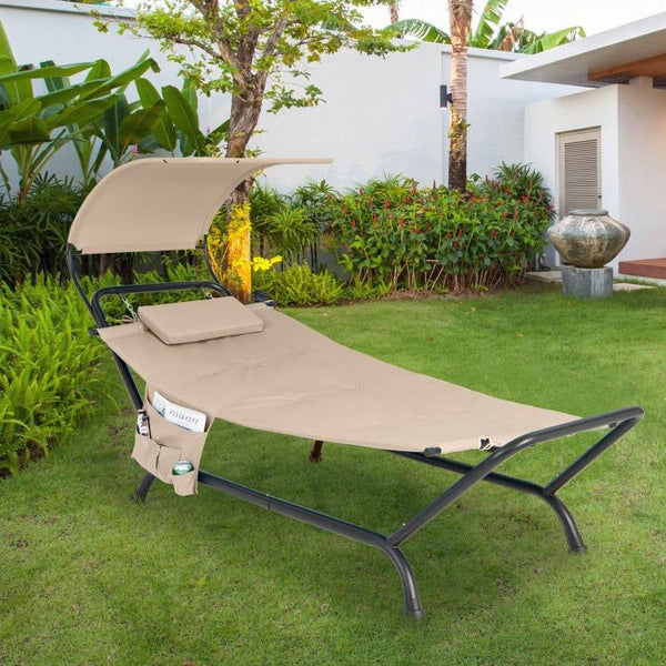 Beige Polyester Chaise Lounge Chair Hammock with Canopy and Storage Bag