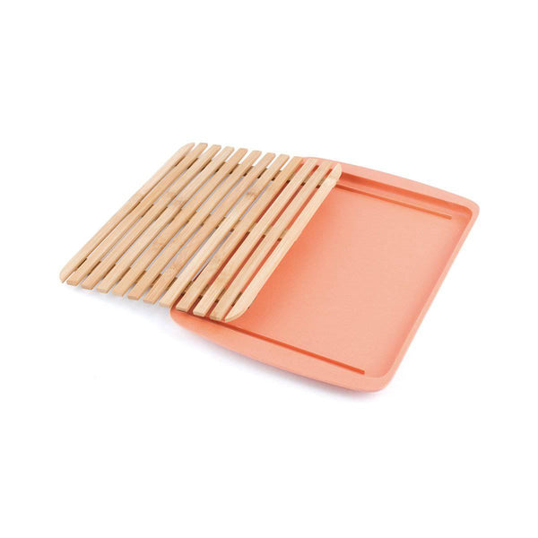 Bamboo Wood Cutting Board Lid w/ drop-through crumb spaces; on Bamboo Fibre Large Serving Tray Peach - Gifts for You 'n Me