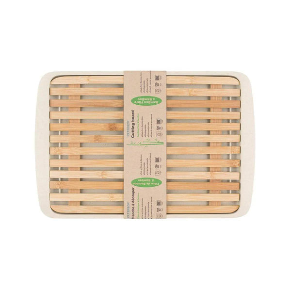 Bamboo Wood Cutting Board Lid w/ drop-through crumb spaces; on Bamboo Fibre Large Serving Tray White - Gifts for You 'n Me