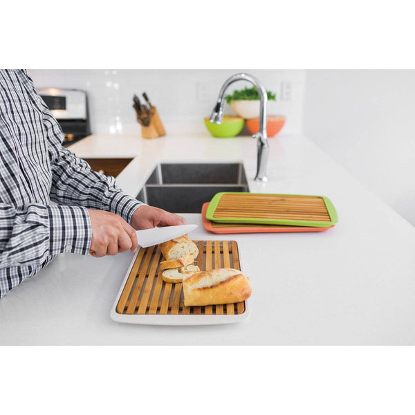 Bamboo Wood Cutting Board Lid w/ drop-through crumb spaces; on Bamboo Fibre Large Serving Tray White