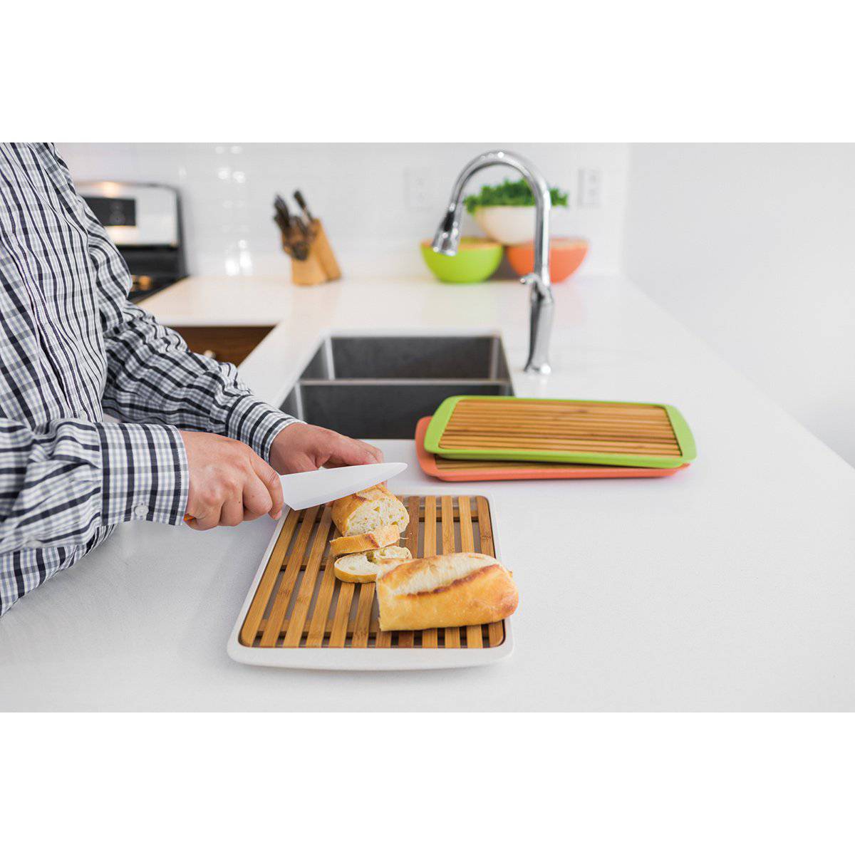 Bamboo Wood Cutting Board Lid w/ drop-through crumb spaces; on Bamboo Fibre Large Serving Tray Green