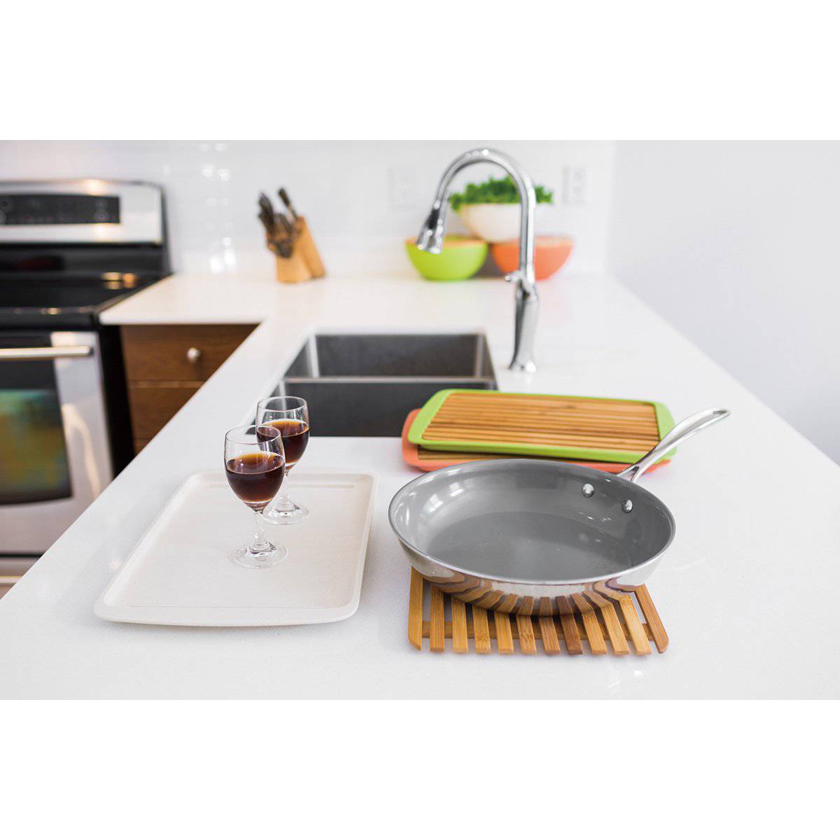 Bamboo Wood Cutting Board Lid w/ drop-through crumb spaces; on Bamboo Fibre Large Serving Tray White