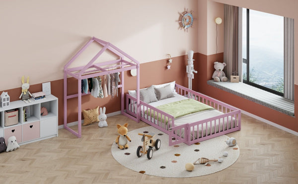 Wooden Full Size Children's Bed with Detachable Headboard and Integrated Clothes Drying Rack, Pink