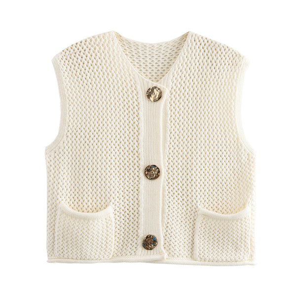 Street Fashion Crochet Hollow Vest Solid Color Versatile Round Neck Jacket