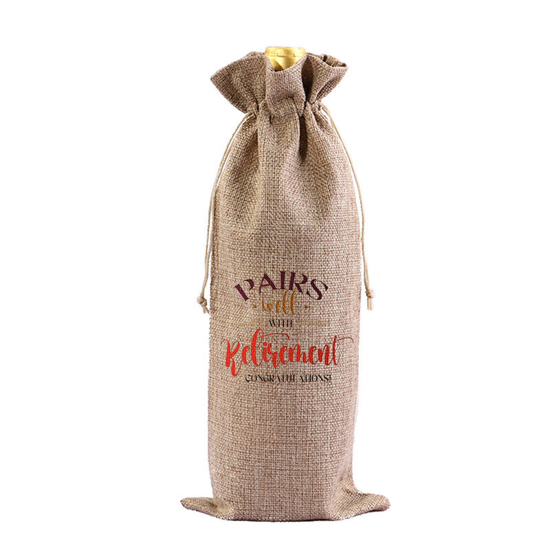 Red Wine Bag for Retirement Celebration: Party Wine Packaging Bag, Imitation Linen Drawstring Pouch, Gift Bag