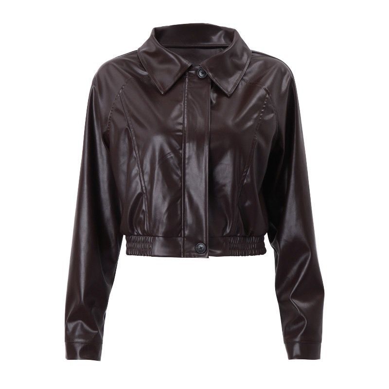 Women's Short Leather Jacket Retro Zipper PU American Casual Motorcycle Coat