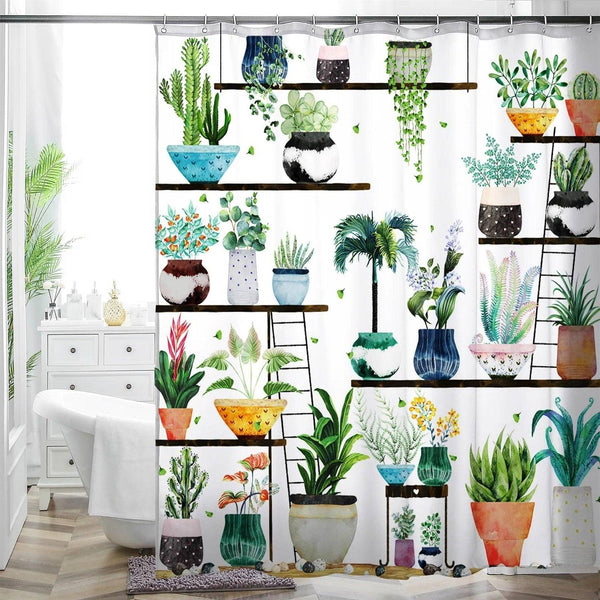 72-in. Watercolor Plants Botanical Floral Flower Pots Succulents Shower Curtain