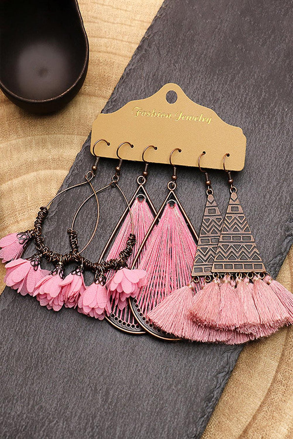 3 Pairs Boho Floral Tasseled Geometric Dangle Earrings Set Threaded Pear
