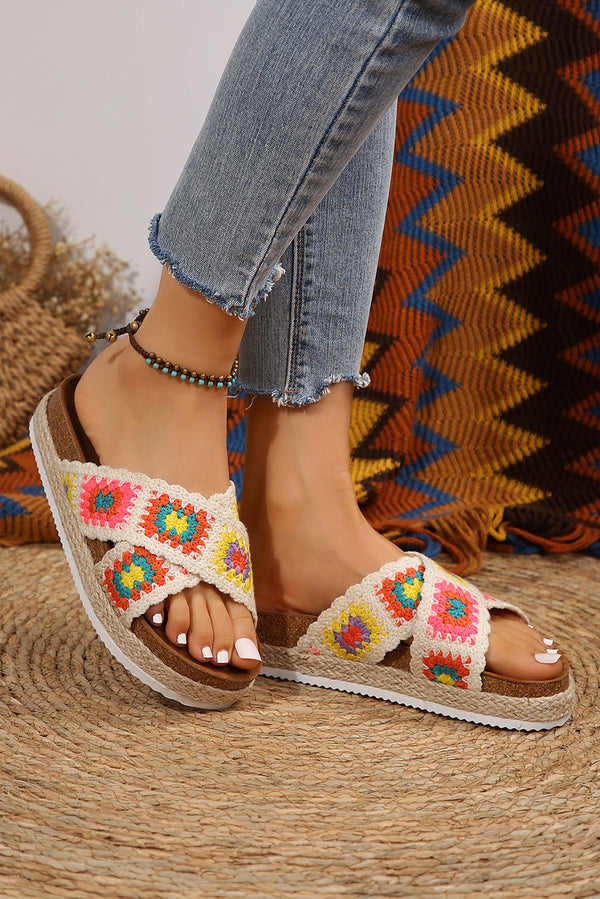 Geometric Woven Crisscross Strap Platform Slippers Threaded Pear