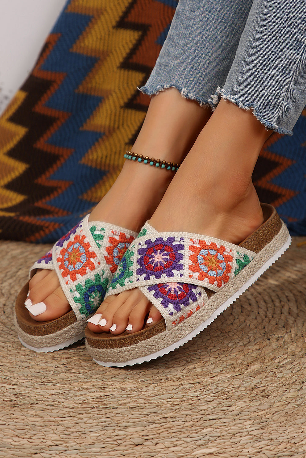 Geometric Woven Crisscross Strap Platform Slippers Threaded Pear