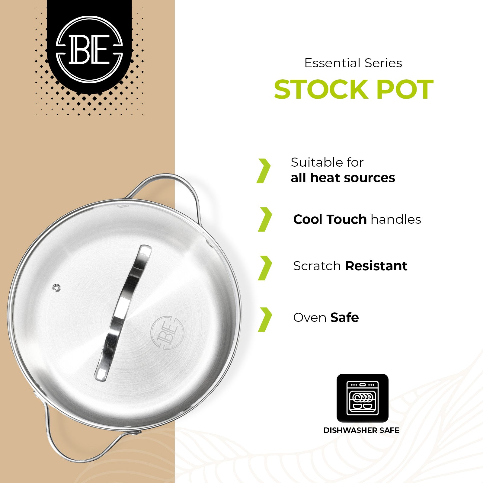 BE | LIVING Essential Series Tri-Ply Stainless Steel Stock Pot with Lid 10