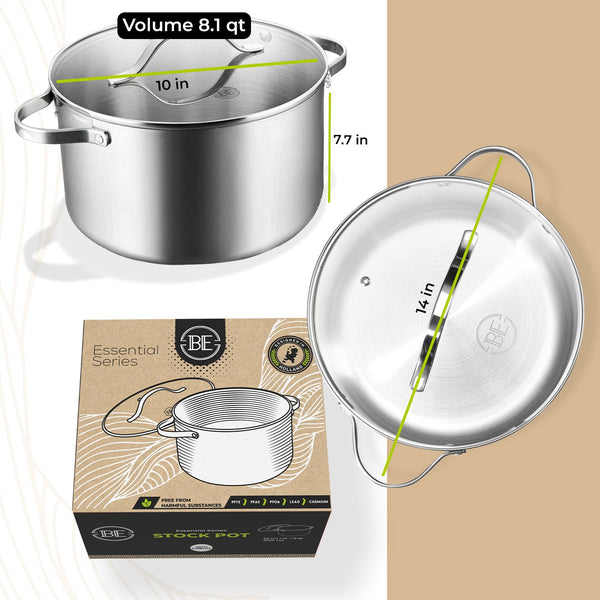 BE | LIVING Essential Series Tri-Ply Stainless Steel Stock Pot with Lid 10