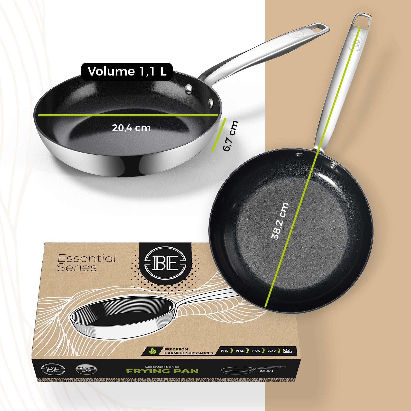 BE | LIVING Essential Series Stainless Steel Black Frying Pans