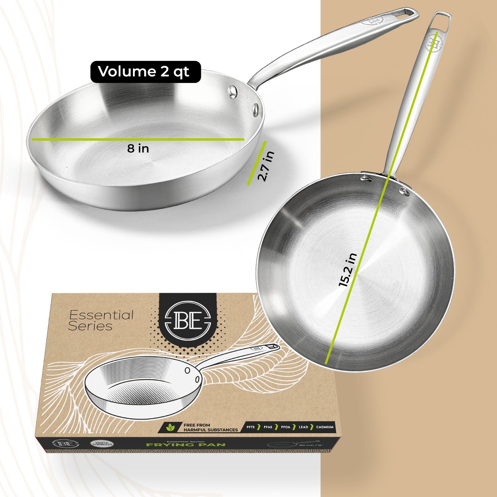 BE | LIVING Essential Series Tri-Ply Stainless Steel Frying Pan