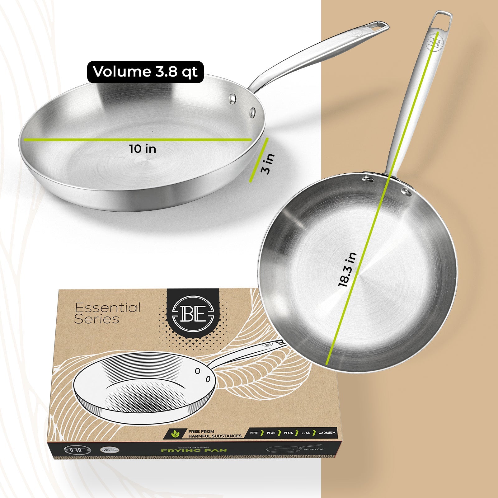 BE | LIVING Essential Series Tri-Ply Stainless Steel Frying Pan