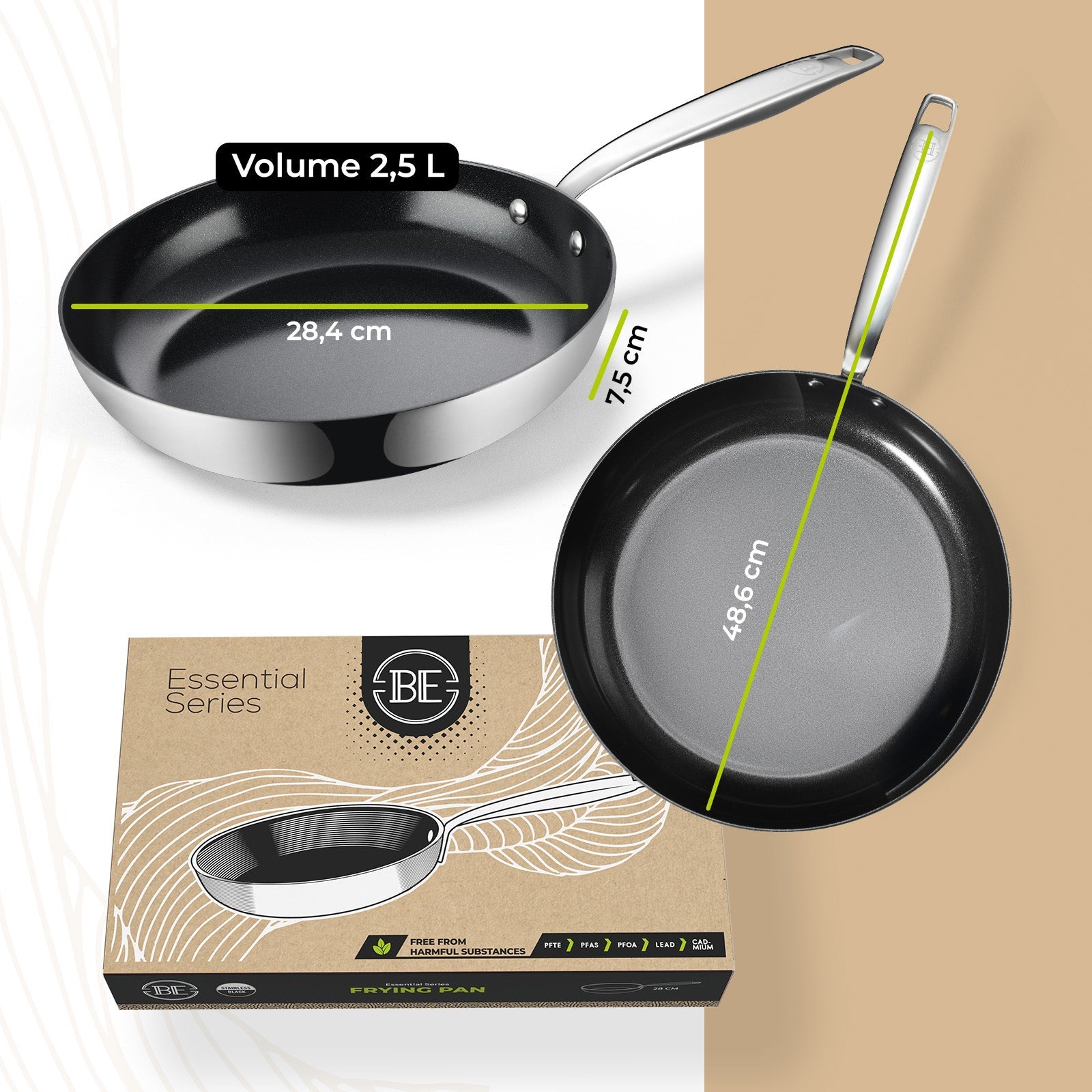 BE | LIVING Essential Series Stainless Steel Black Frying Pans
