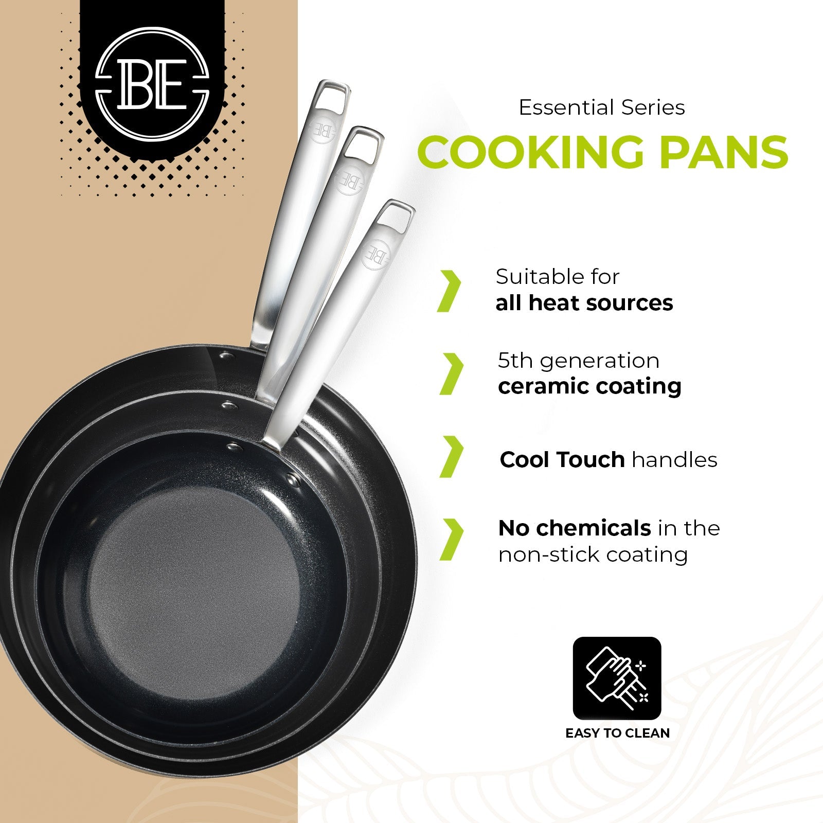 BE | LIVING Essential Series Stainless Steel Black Frying Pan Set - 2 pieces , 3 pieces