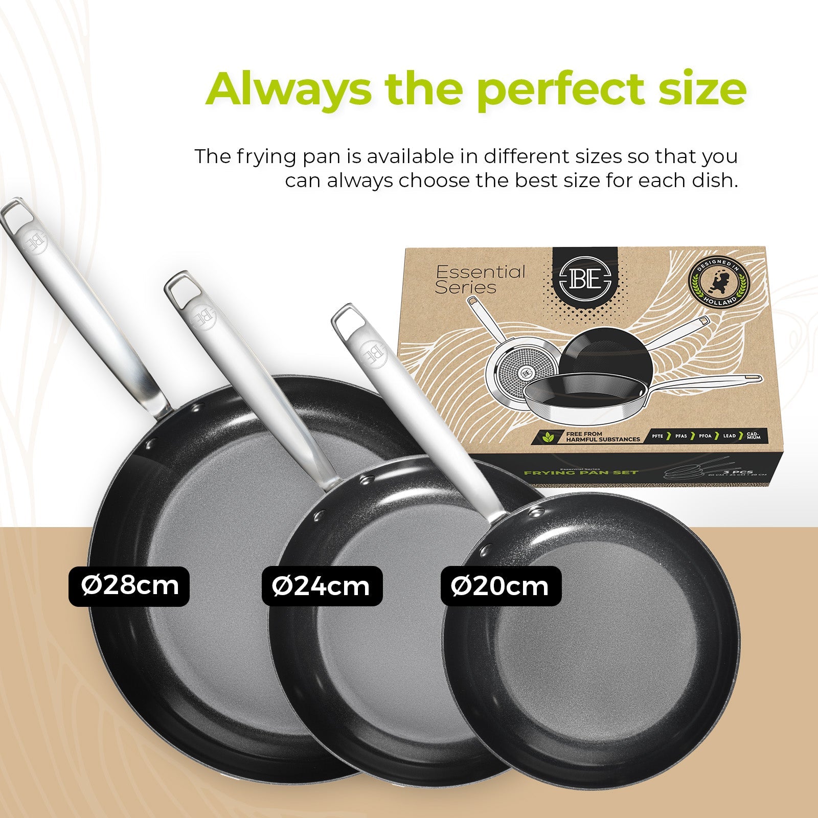 BE | LIVING Essential Series Stainless Steel Black Frying Pan Set - 2 pieces , 3 pieces