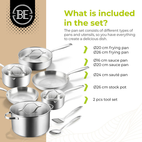 BE | LIVING Essential Series Tri-Ply Stainless Steel 12-Piece Cookware Set