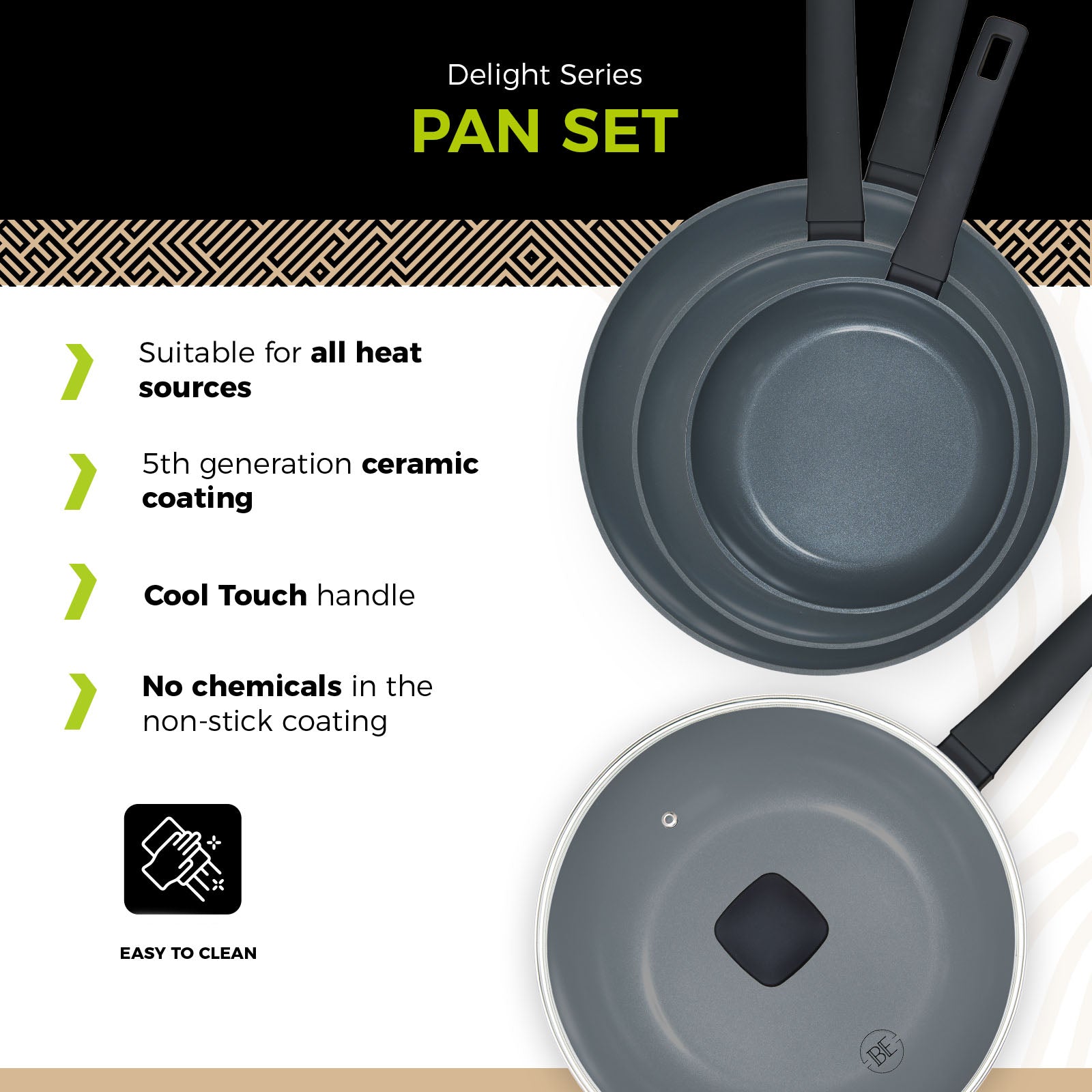 BE | LIVING Delight Series Frying Pan Set Ø 20 cm, 24 cm & 28 cm + Ø 28 cm Wok with Lid - Black