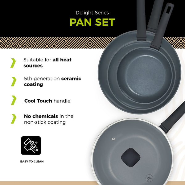 BE | LIVING Delight Series Frying Pan Set Ø 20 cm, 24 cm & 28 cm + Ø 28 cm Wok with Lid - Black