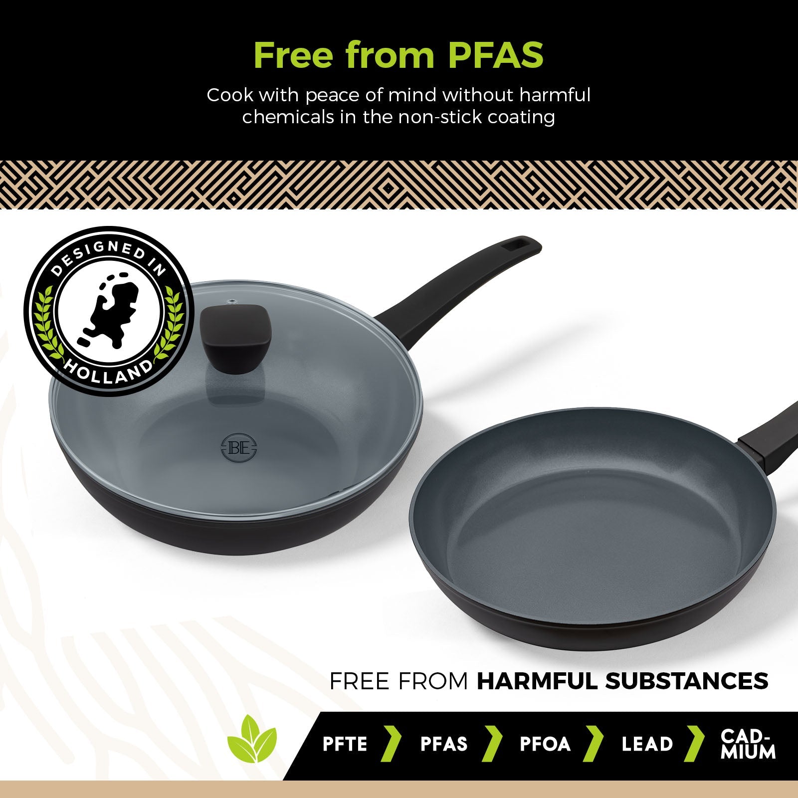 BE | LIVING Delight Series Frying Pan Set Ø 20 cm, 24 cm & 28 cm + Ø 28 cm Wok with Lid - Black