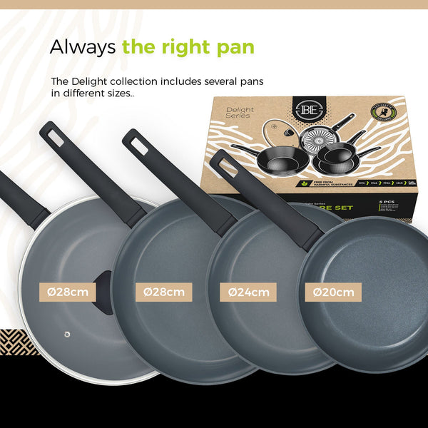 BE | LIVING Delight Series Frying Pan Set Ø 20 cm, 24 cm & 28 cm + Ø 28 cm Wok with Lid - Black