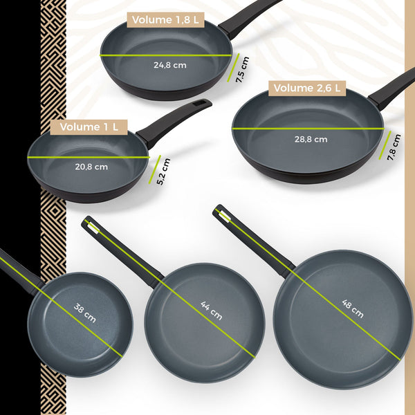 BE | LIVING Delight Series Frying Pan Set Ø 20 cm, 24 cm & 28 cm + Ø 28 cm Wok with Lid - Black