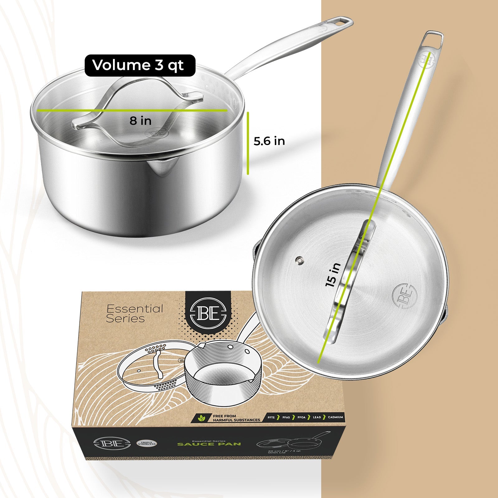BE | LIVING Essential Series Tri-Ply Stainless Steel Sauce Pan with Lid 8