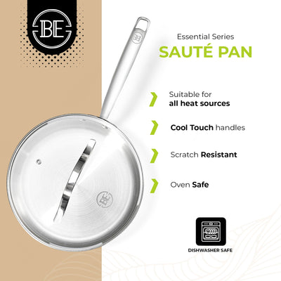 BE | LIVING Essential Series Tri-Ply Stainless Steel Sauté Pan with Lid 9.5
