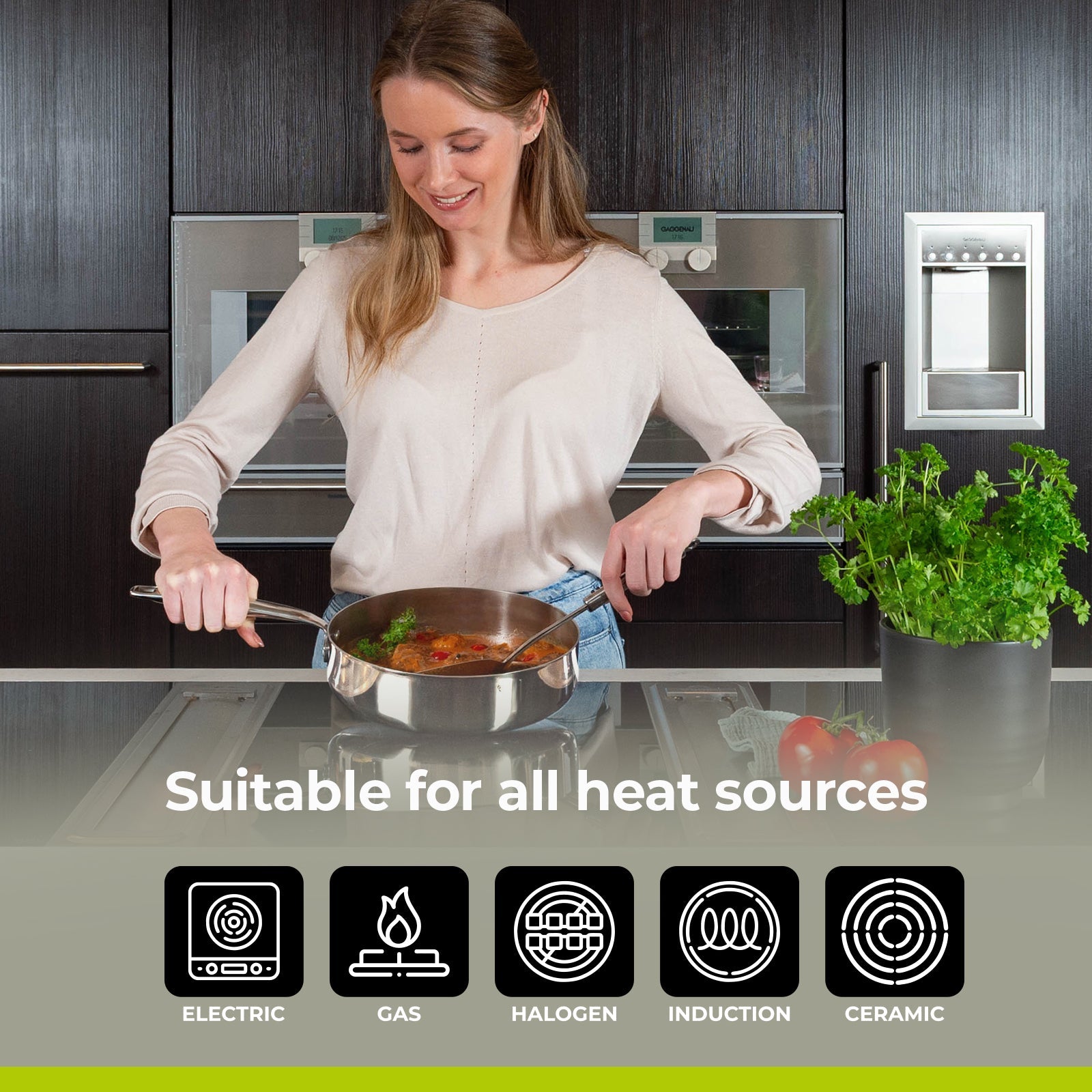 BE | LIVING Essential Series Tri-Ply Stainless Steel Sauté Pan with Lid 9.5
