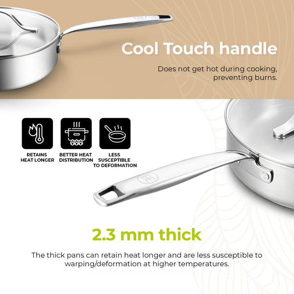 BE | LIVING Essential Series Tri-Ply Stainless Steel Sauté Pan with Lid 9.5