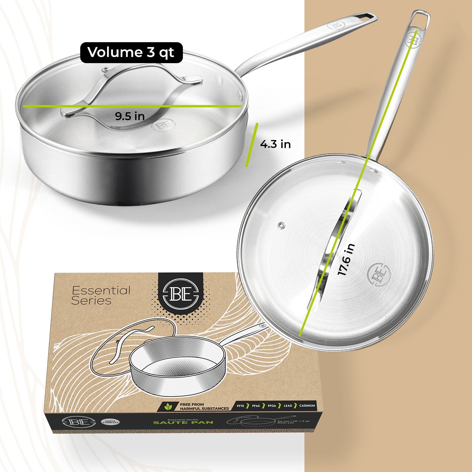 BE | LIVING Essential Series Tri-Ply Stainless Steel Sauté Pan with Lid 9.5