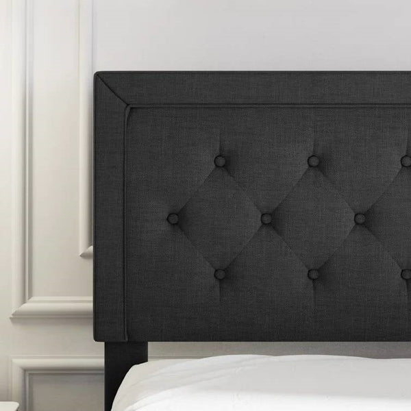 Full size Black Linen Upholstered Platform Bed with Button-Tufted Headboard