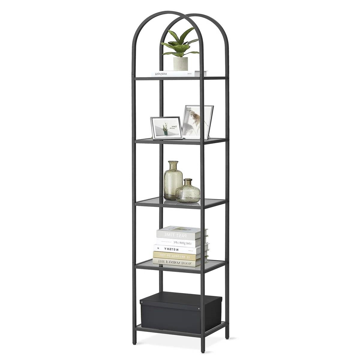 Arched Top Black Metal Display Rack Narrow Bookcase with 5 Glass Storage Shelves