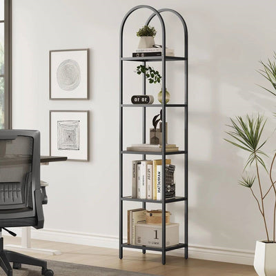 Arched Top Black Metal Display Rack Narrow Bookcase with 5 Glass Storage Shelves