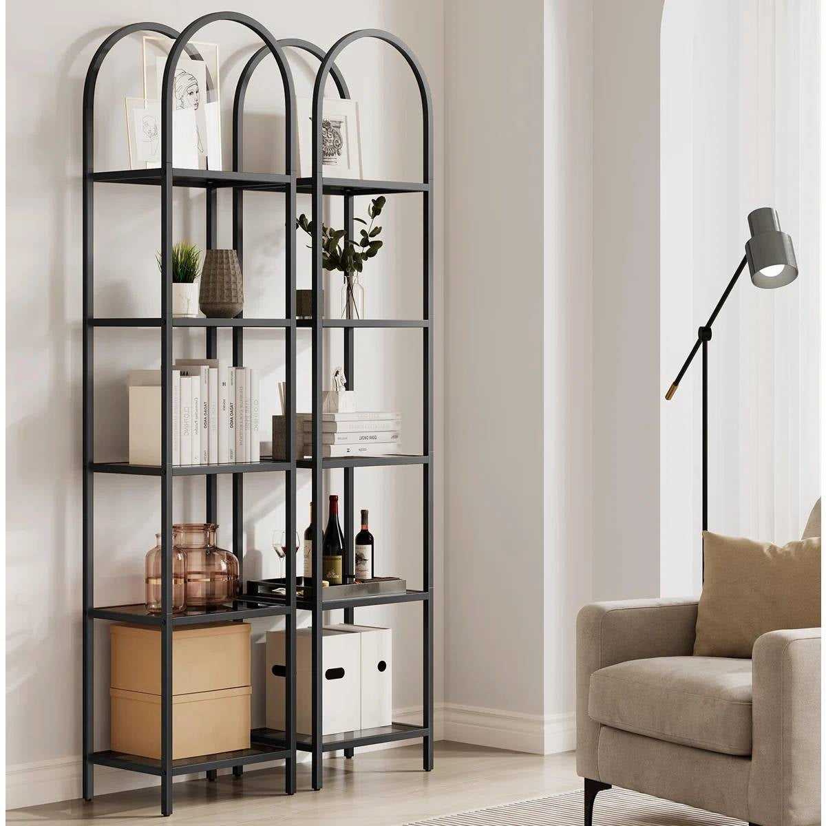 Arched Top Black Metal Display Rack Narrow Bookcase with 5 Glass Storage Shelves