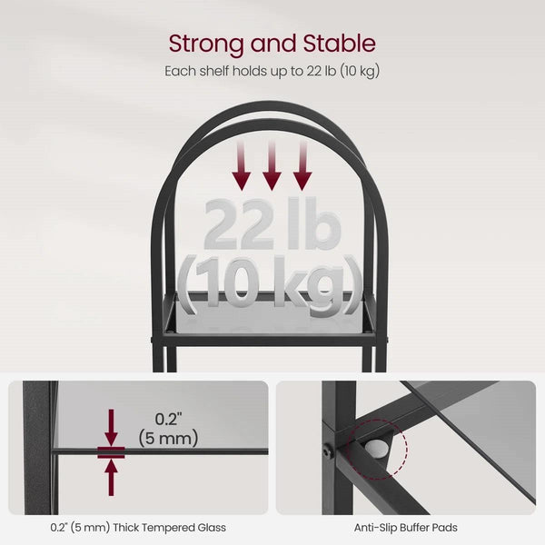 Arched Top Black Metal Display Rack Narrow Bookcase with 5 Glass Storage Shelves