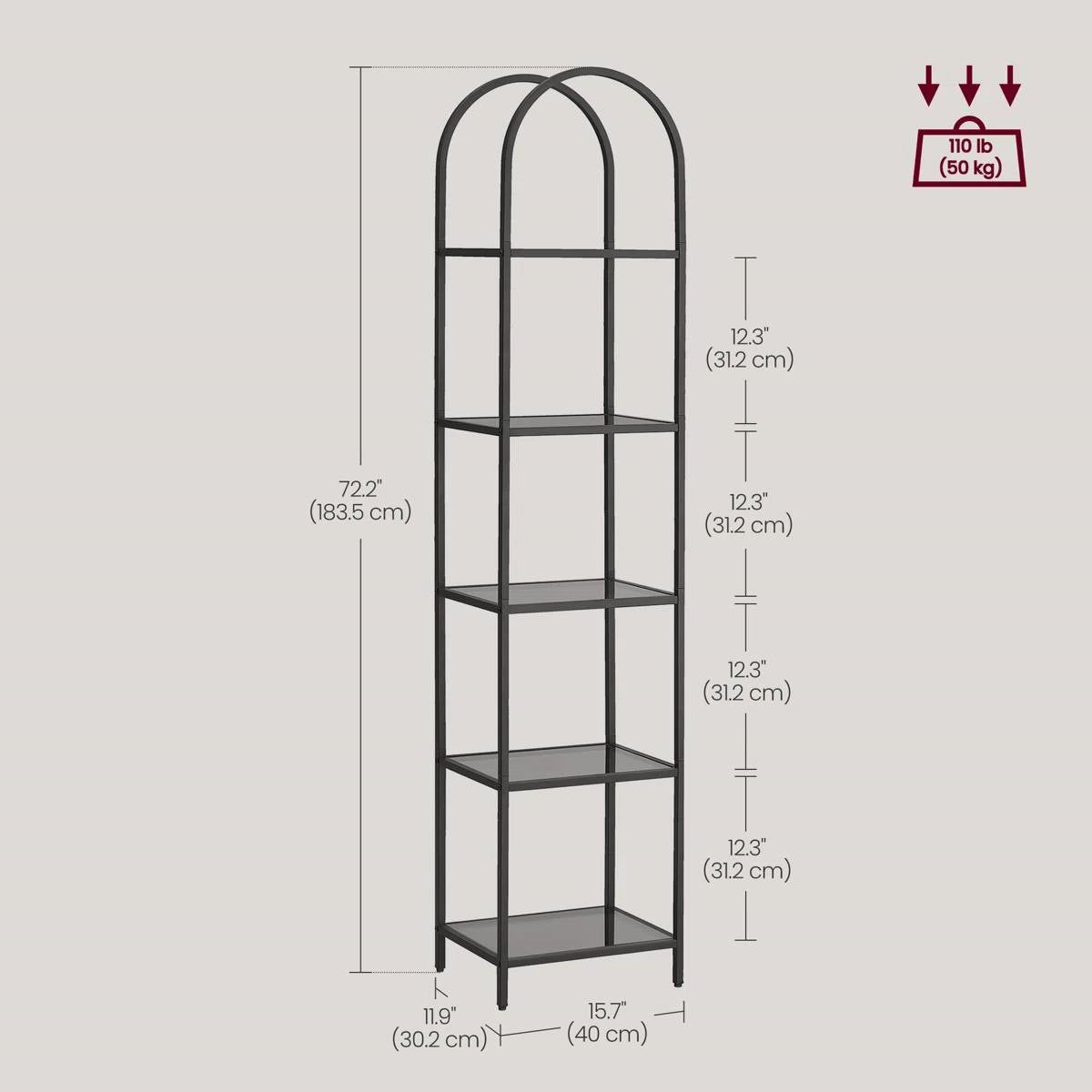 Arched Top Black Metal Display Rack Narrow Bookcase with 5 Glass Storage Shelves