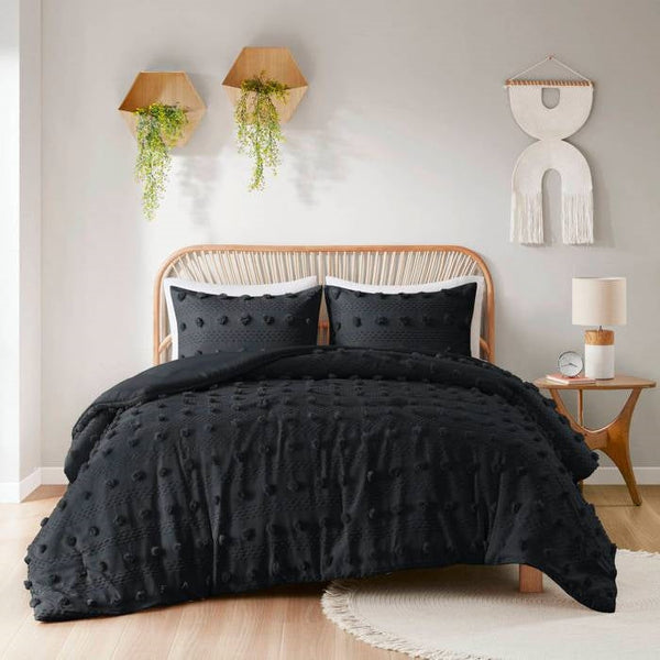 King/Cal King 3 Piece Pompom Microfiber Hypoallergenic Comforter Set in Black