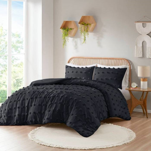 King/Cal King 3 Piece Pompom Microfiber Hypoallergenic Comforter Set in Black