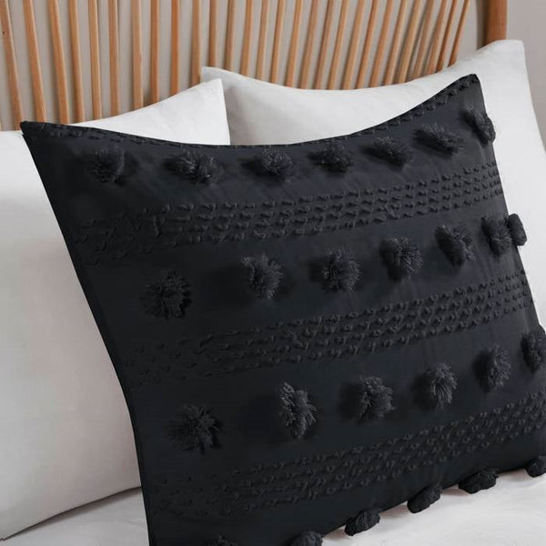 King/Cal King 3 Piece Pompom Microfiber Hypoallergenic Comforter Set in Black