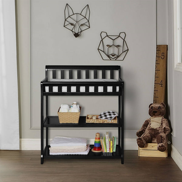 Modern Black Wooden Baby Changing Table with Safety Rail Mattress Pad and Strap
