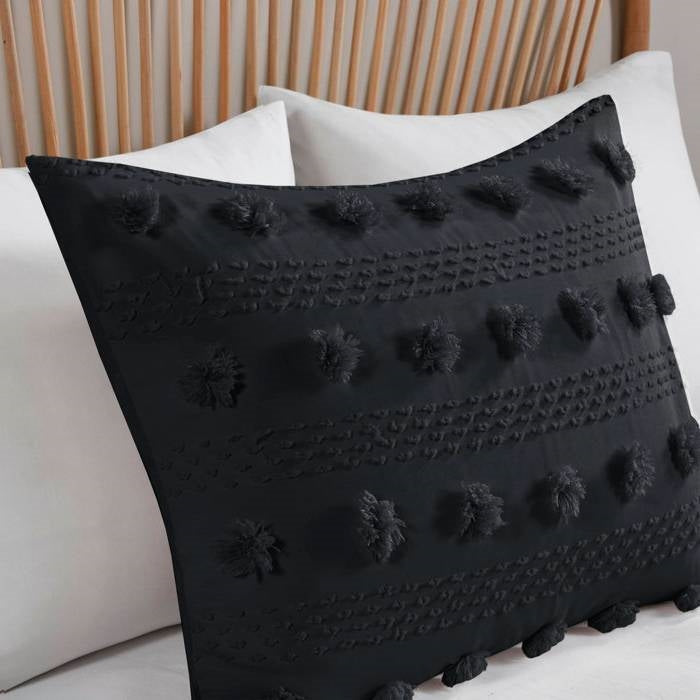 Full/Queen 3 Piece Pompom Microfiber Hypoallergenic Comforter Set in Black