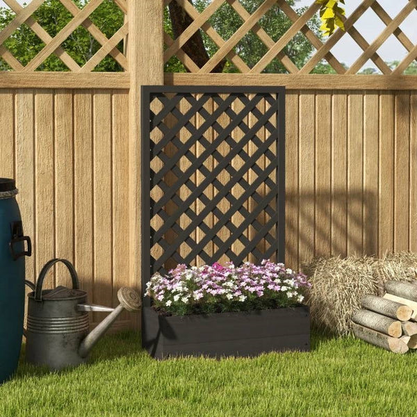Outdoor Black Wooden Raised Garden Bed Planter Box with Lattice Trellis
