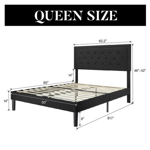 Queen Black Linen Upholstered Platform Bed Frame with Button-Tufted Headboard